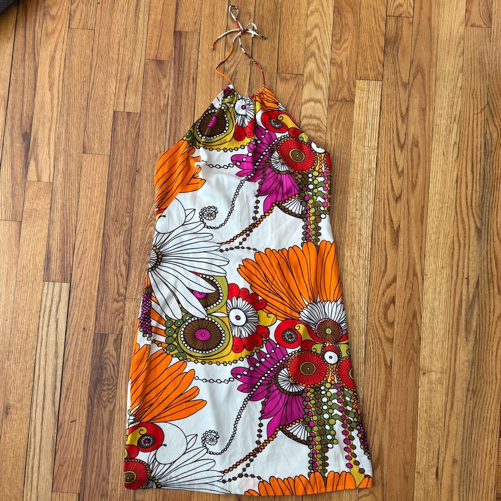 Trina Turk Silk Groovy Retro Psychedelic Print Dress Tie Neck Zip Back Size 6
